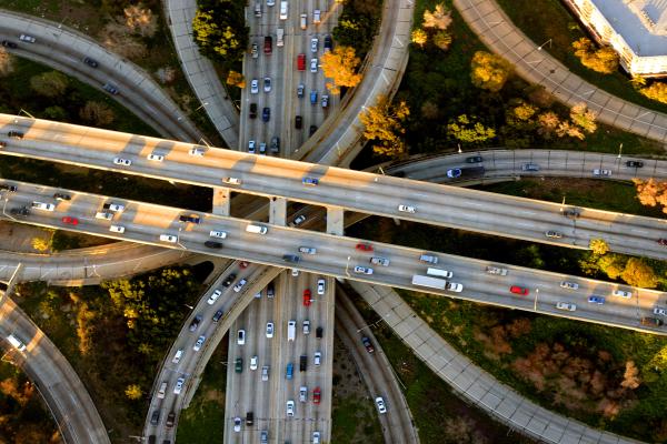 Helicopter Aerial View of the famous Los Angeles Four Level freeway interchange